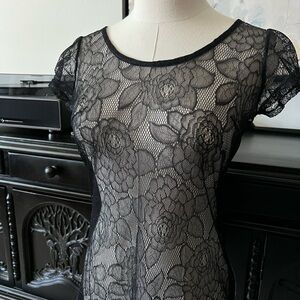 Sheer Black Floral Lace Short Sleeve Tee